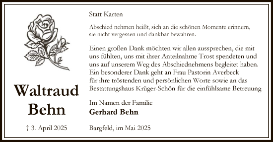 Traueranzeige von Waltraud Behn von UEL