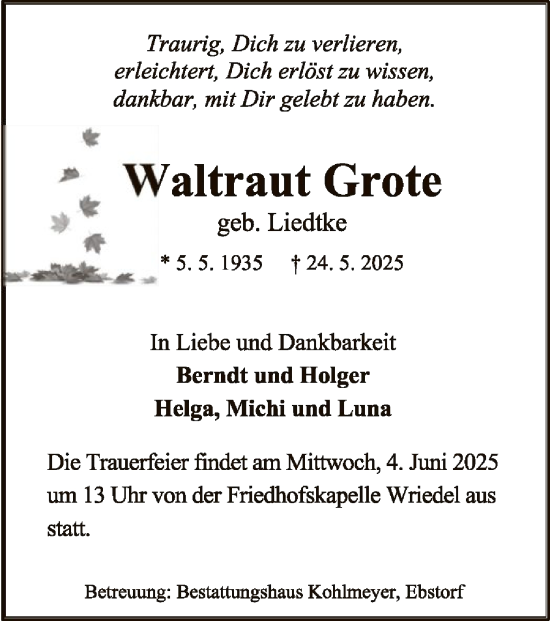 Traueranzeige von Waltraut Grote von AZ