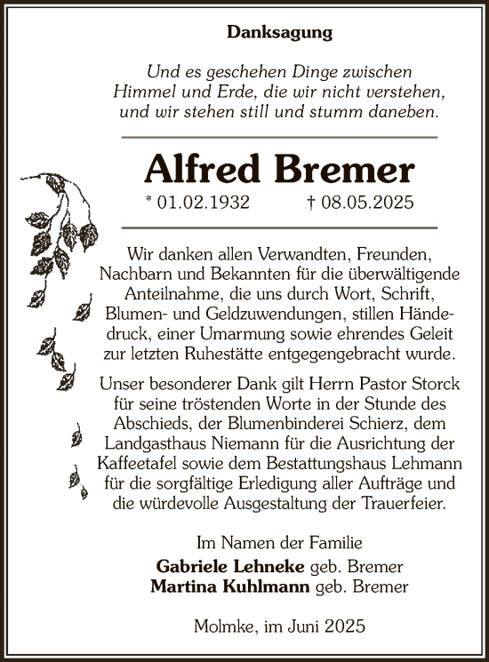 Traueranzeige von Alfred Bremer von AMZ