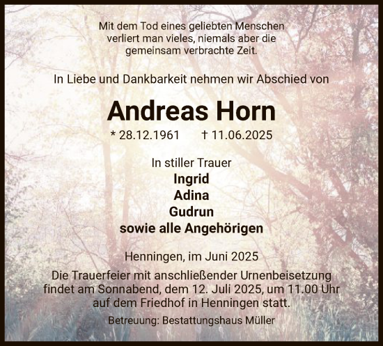 Traueranzeige von Andreas Horn von AMZ