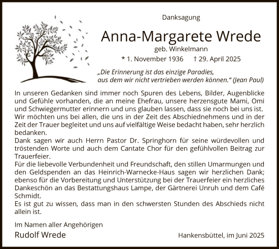 Traueranzeige von Anna-Margarete Wrede von IK