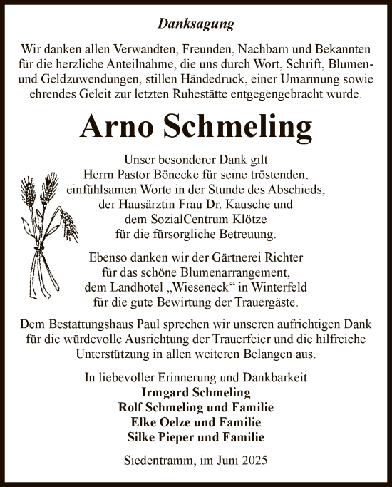 Traueranzeige von Arno Schmeling von AMZ
