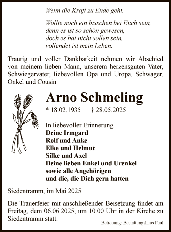 Traueranzeige von Arno Schmeling von AMZ