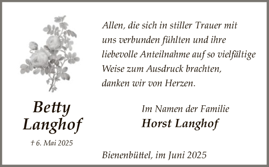 Traueranzeige von Betty Langhof von AZ