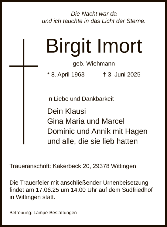 Traueranzeige von Birgit Imort von IK