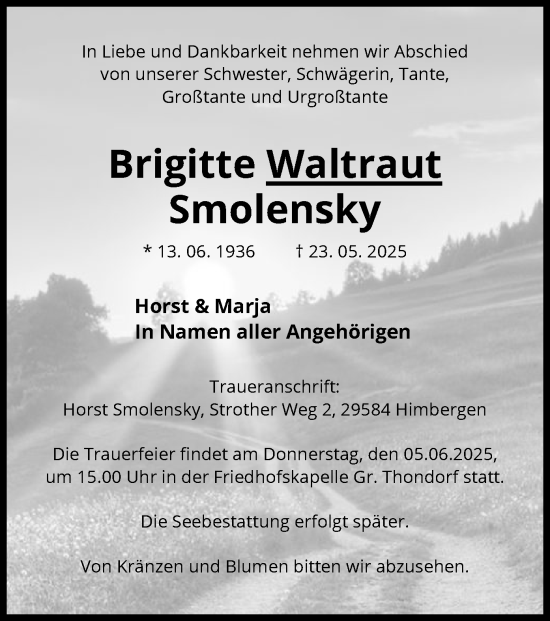 Traueranzeige von Brigitte Waltraut Smolensky von AZ