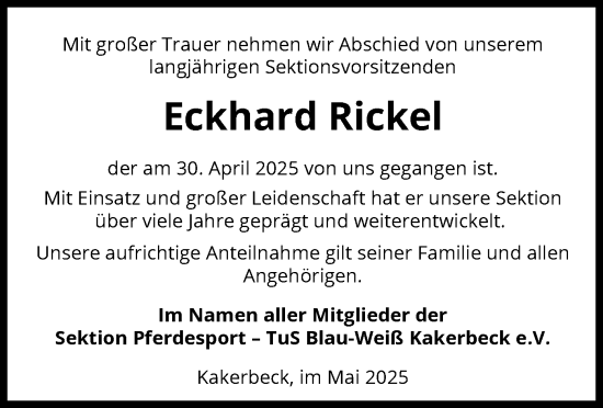 Traueranzeige von Eckhard Rickel von AMZ