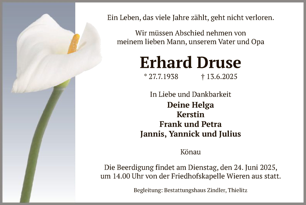  Traueranzeige für Erhard Druse vom 21.06.2025 aus AZ