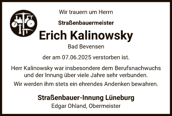 Traueranzeige von Erich Kalinowsky von AZ