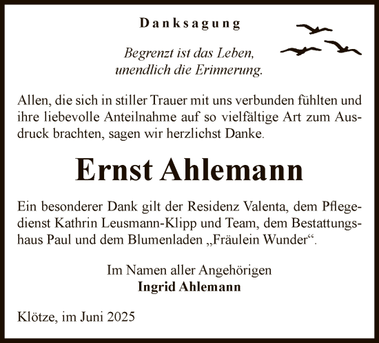 Traueranzeige von Ernst Ahlemann von AMZ