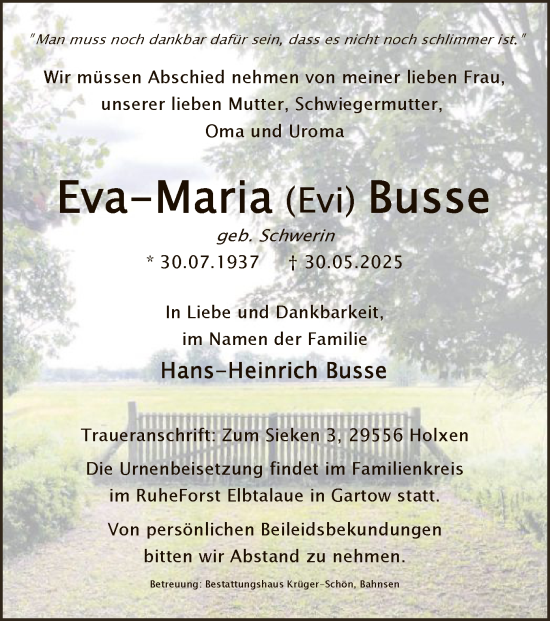 Traueranzeige von Eva-Maria Busse von AZ
