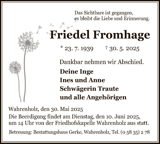 Traueranzeige von Friedel Fromhage von IK