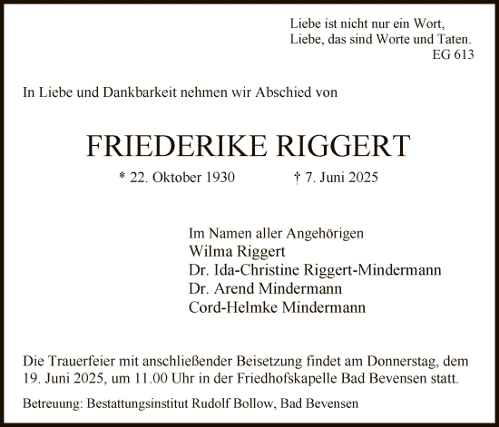 Traueranzeige von Friederike Riggert von AZ
