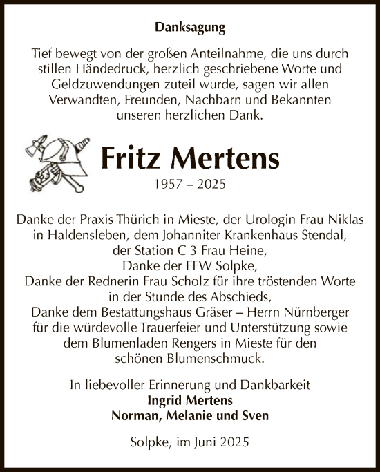Traueranzeige von Fritz Mertens von AMZ