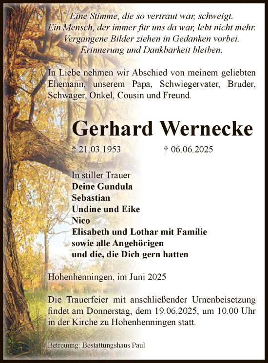 Traueranzeige von Gerhard Wernecke von AMZ