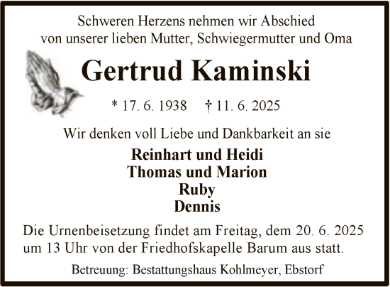 Traueranzeige von Gertrud Kaminski von AZ