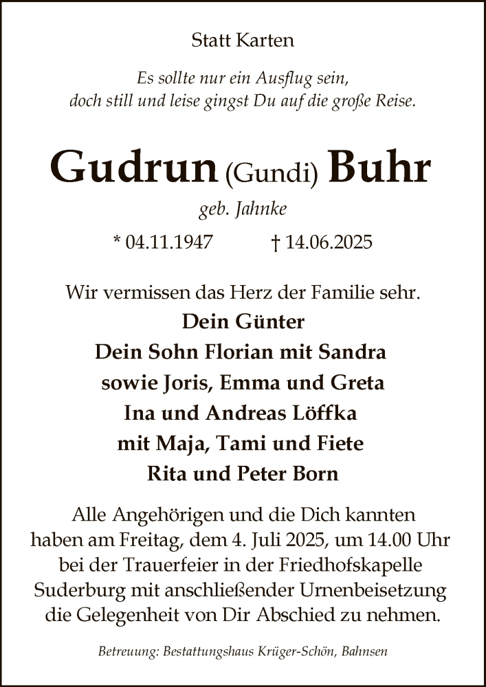  Traueranzeige für Gudrun Buhr vom 21.06.2025 aus AZ