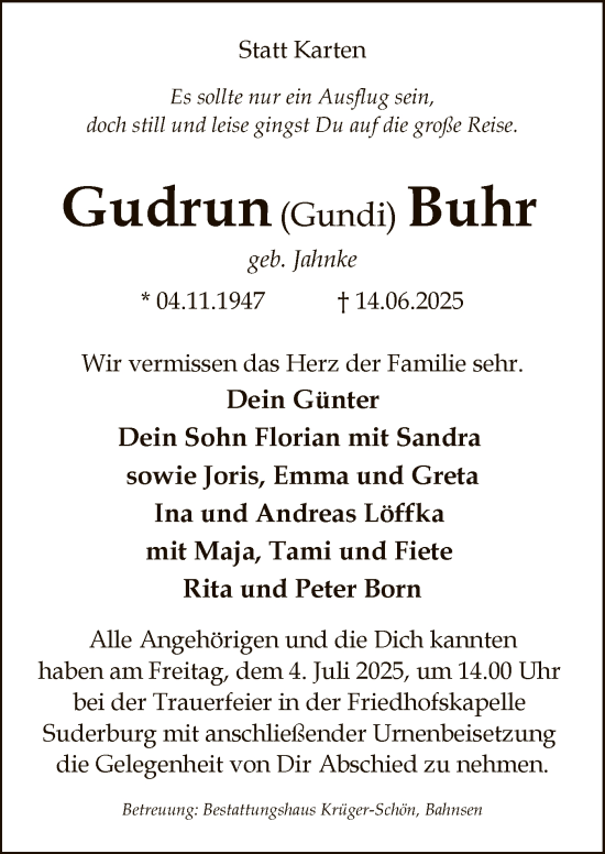 Traueranzeige von Gudrun Buhr von AZ