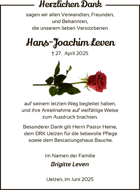 Traueranzeige von Hans-Joachim Leven von AZ