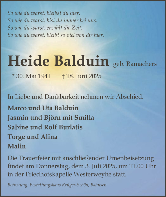 Traueranzeige von Heide Balduin von AZ