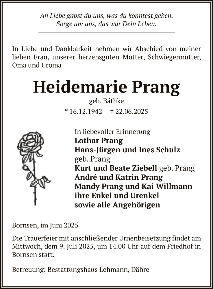  Traueranzeige für Heidemarie Prang vom 25.06.2025 aus AMZ