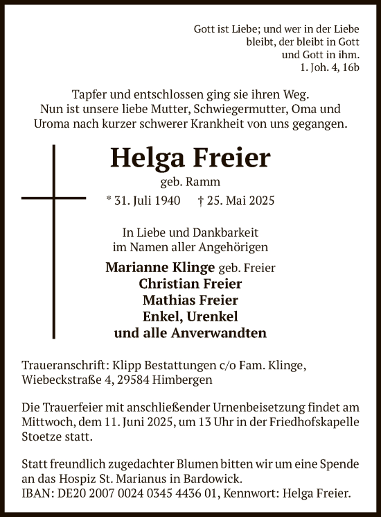 Traueranzeige von Helga Freier von AZ
