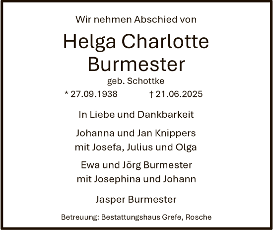 Traueranzeige von Helga Charlotte Burmester von AZ