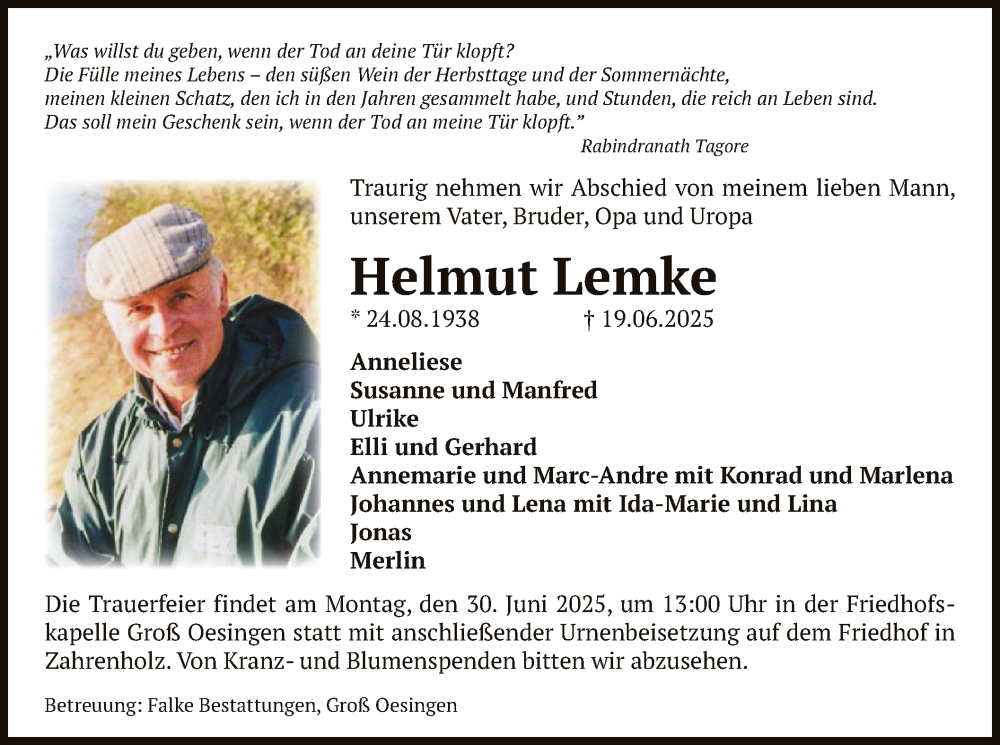  Traueranzeige für Helmut Lemke vom 25.06.2025 aus IK