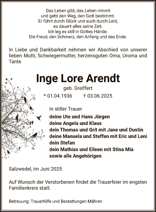 Traueranzeige von Inge Lore Arendt von AMZ