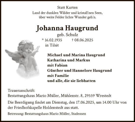 Traueranzeige von Johanna Haugrund von AZ