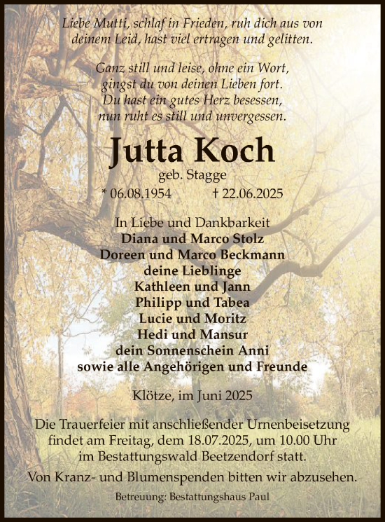 Traueranzeige von Jutta Koch von AMZ