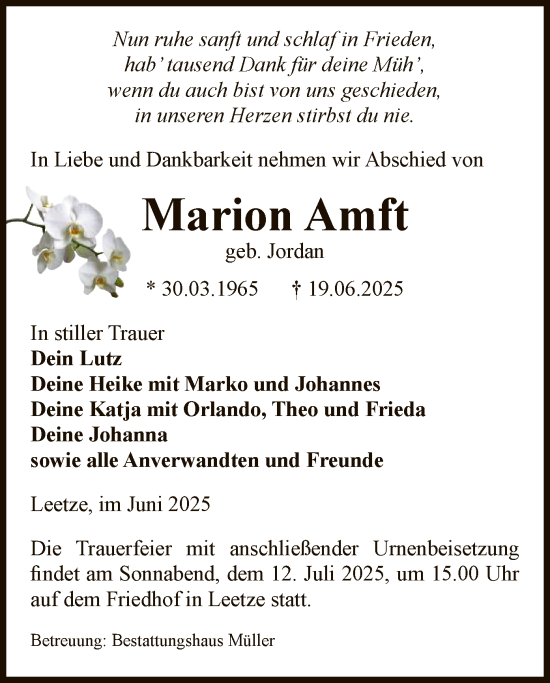 Traueranzeige von Marion Amft von AMZ