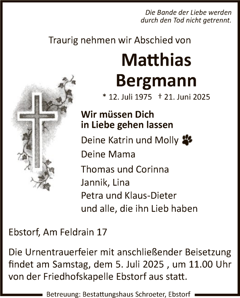 Traueranzeige für Matthias Bergmann vom 28.06.2025 aus AZ