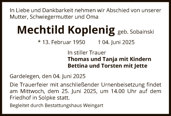 Traueranzeige von Mechtild Koplenig von AMZ