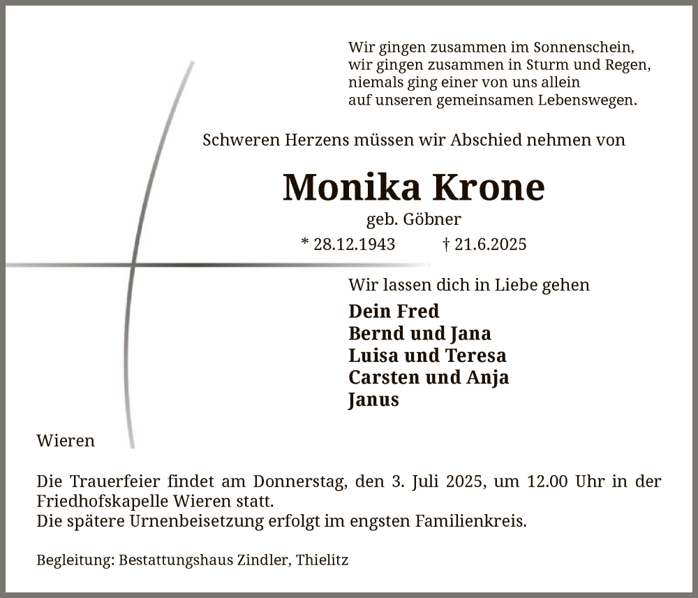  Traueranzeige für Monika Krone vom 28.06.2025 aus AZ