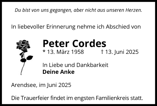 Traueranzeige von Peter Cordes von AMZ