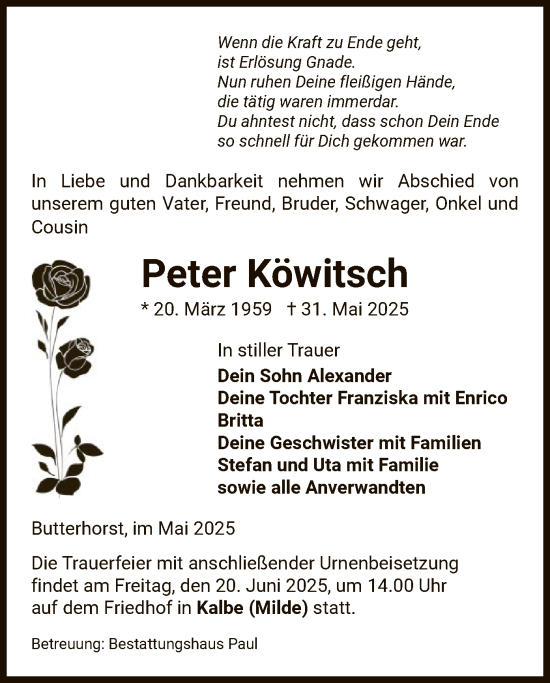 Traueranzeige von Peter Köwitsch von AMZ