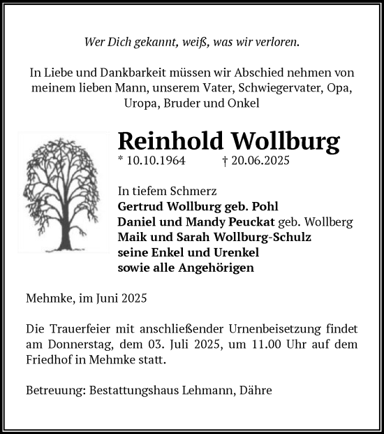 Traueranzeige von Reinhold Wollburg von AMZ