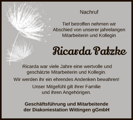 Traueranzeige von Ricarda Patzke von IK