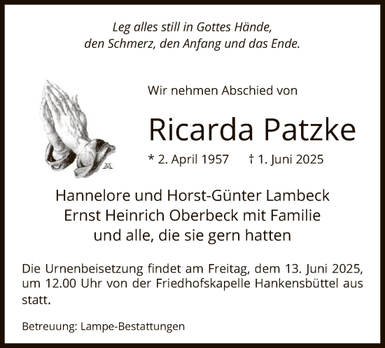 Traueranzeige von Ricarda Patzke von IK