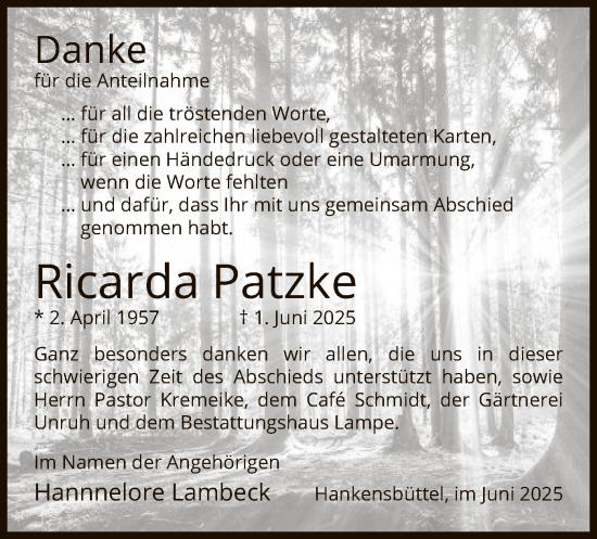 Traueranzeige von Ricarda Patzke von IK