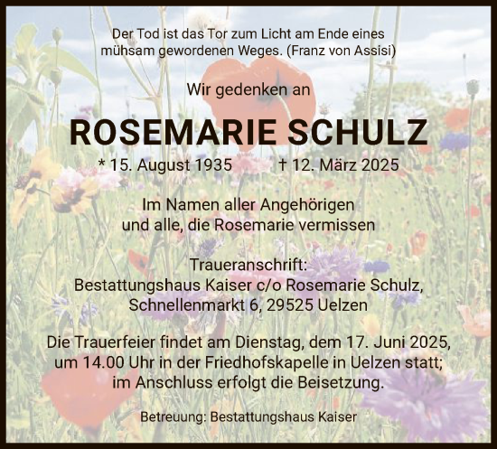 Traueranzeige von Rosemarie Schulz von AZ