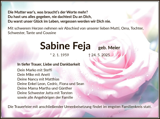 Traueranzeige von Sabine Feja von AMZ