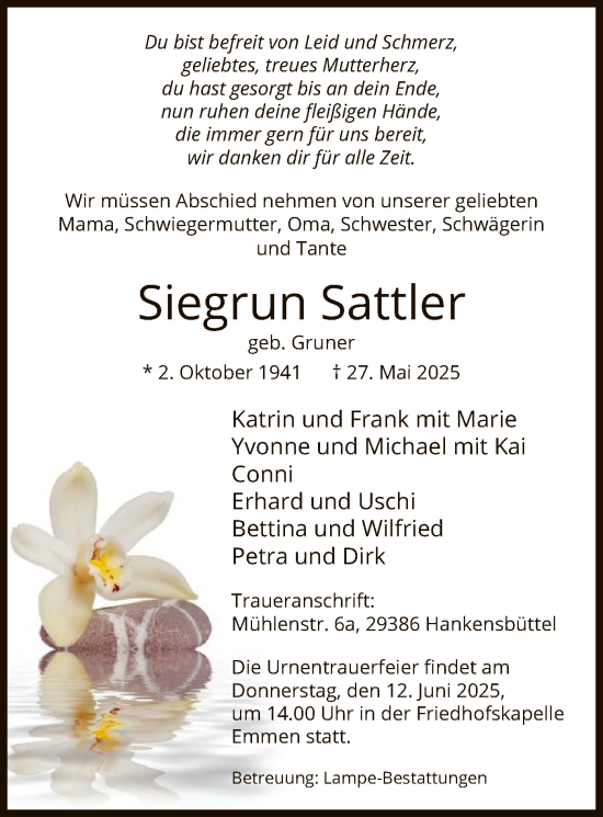 Traueranzeige von Siegrun Sattler von IK