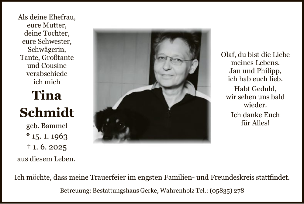  Traueranzeige für Tina Schmidt vom 07.06.2025 aus IK