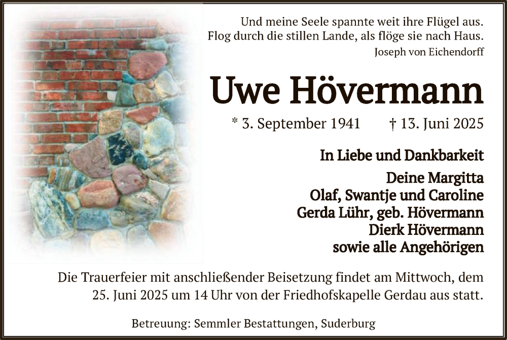  Traueranzeige für Uwe Hövermann vom 21.06.2025 aus AZ