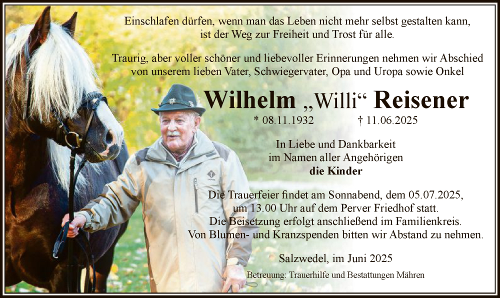  Traueranzeige für Wilhelm Reisener vom 27.06.2025 aus AMZ