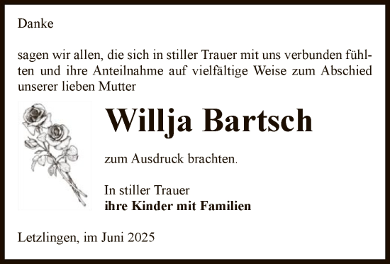 Traueranzeige von Willja Bartsch von AMZ
