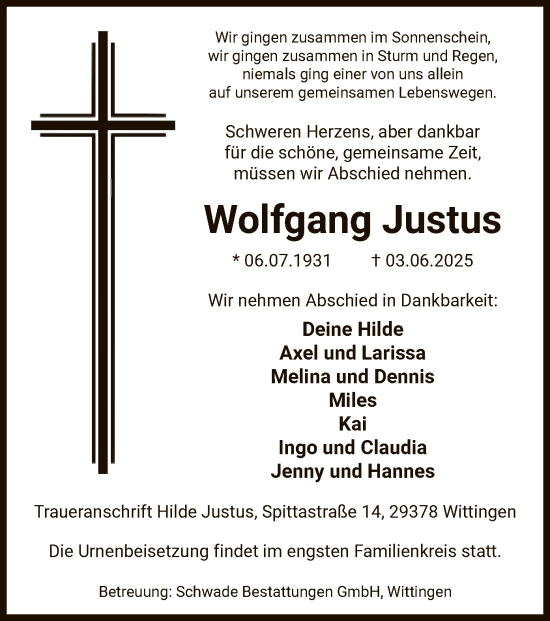 Traueranzeige von Wolfgang Justus von IK