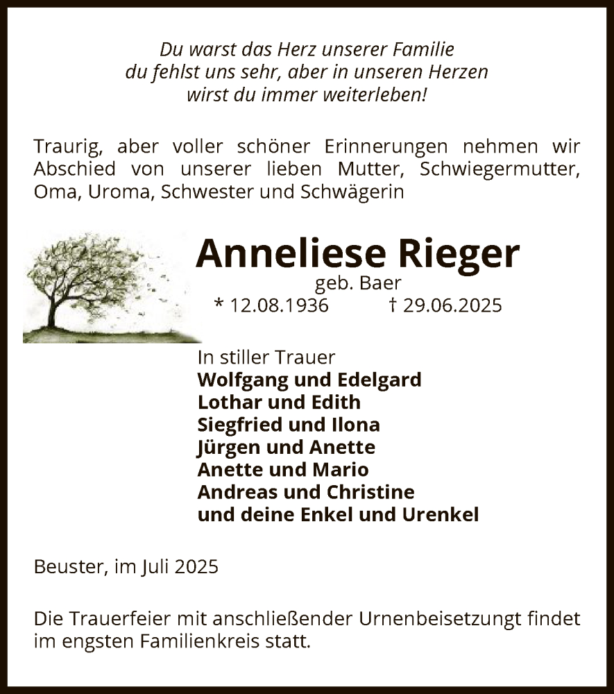 Traueranzeige für Anneliese Rieger vom 11.07.2025 aus AMZ